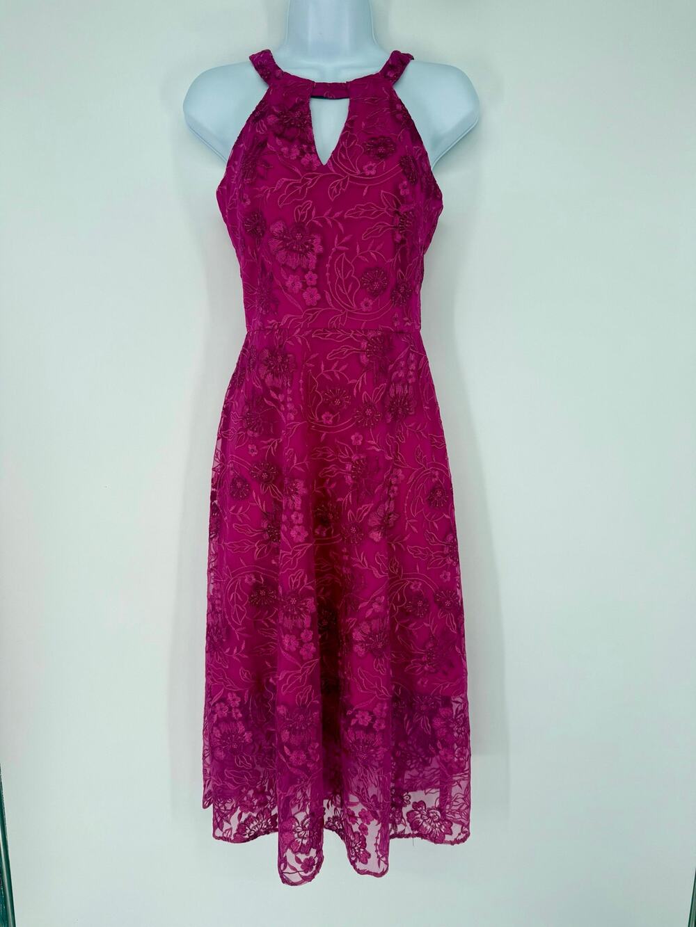 Kensie Size 0 Fuchsia Pink Embroidered Lace High Low Midi Dress